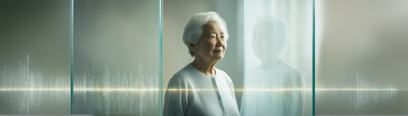 A serene image of an elderly individual standing behind a transparent glass wall, their silhouette blending with faint lines of digital code symbolising AI. The expression on their face is contemplative, capturing the paradox of freedom within confinement.